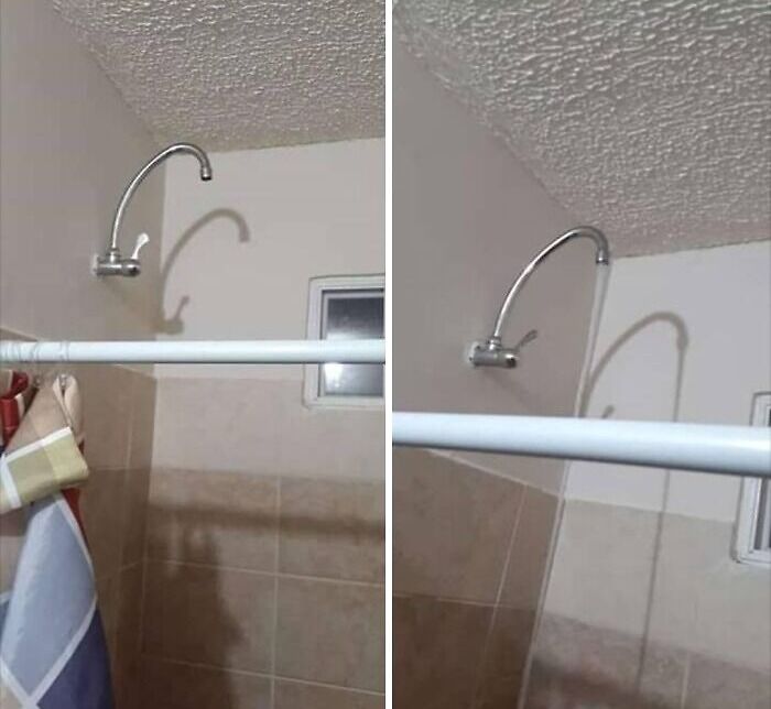 Showerhead poorly positioned above curtain rod, highlighting poor household decisions.