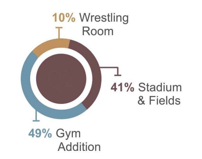 American schools chart showing allocation: 49% gym, 41% stadium, 10% wrestling room.