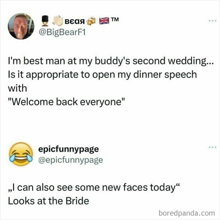 Best man meme about a second wedding speech, featuring humorous text with laughing emoji from an IG page.