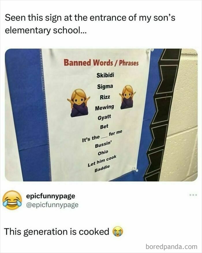 School sign listing banned words and phrases, shared by Instagram meme page.