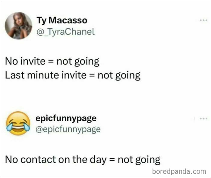 Humorous meme from an IG page about social plans and invitations.