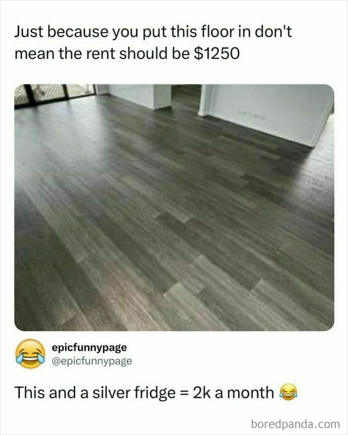 Funny meme about rent prices with a wooden floor and humorous text from an IG page.
