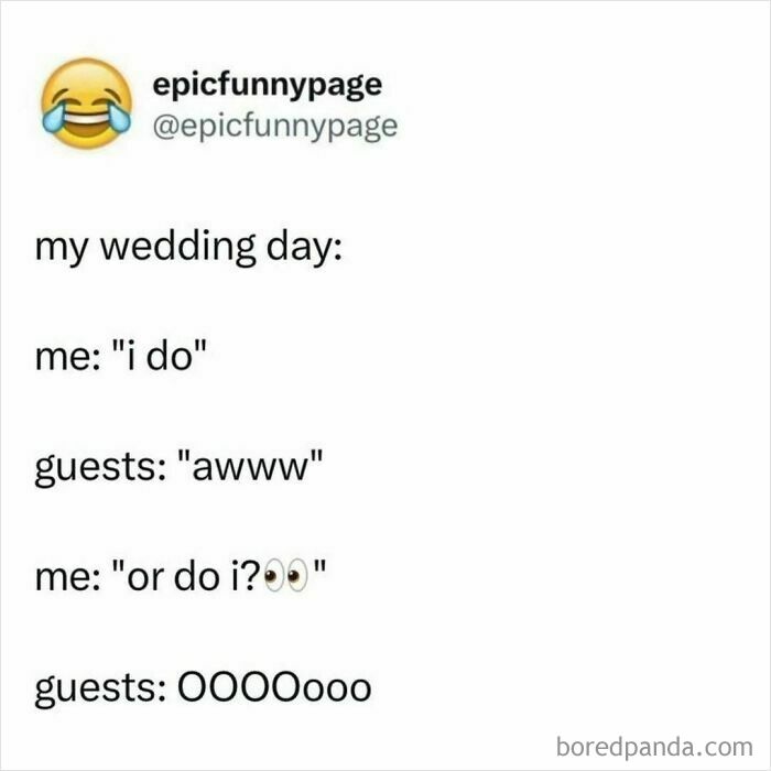 Funny wedding meme about second thoughts, featuring text conversation during vows.