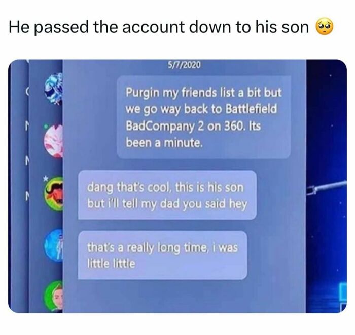 Text conversation meme about gaming legacy and passing down an account to the next generation.