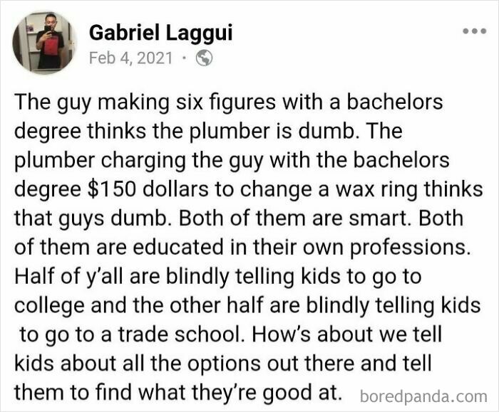 Text post about mutual respect for different professions, highlighting the value of diverse career paths.