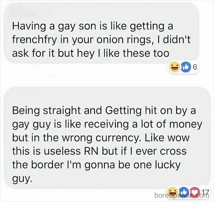 Wholesome online comments about having a gay son and being hit on by a gay guy with humor and support.