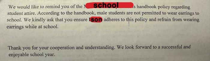 School policy note about student attire, highlighting restrictions on male students wearing earrings.