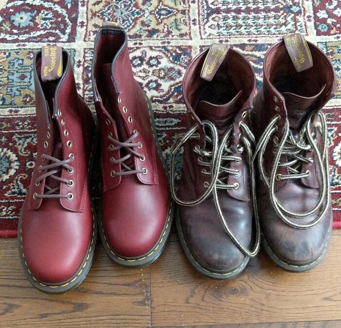 New and worn-down boots side by side, illustrating belongings affected by time.