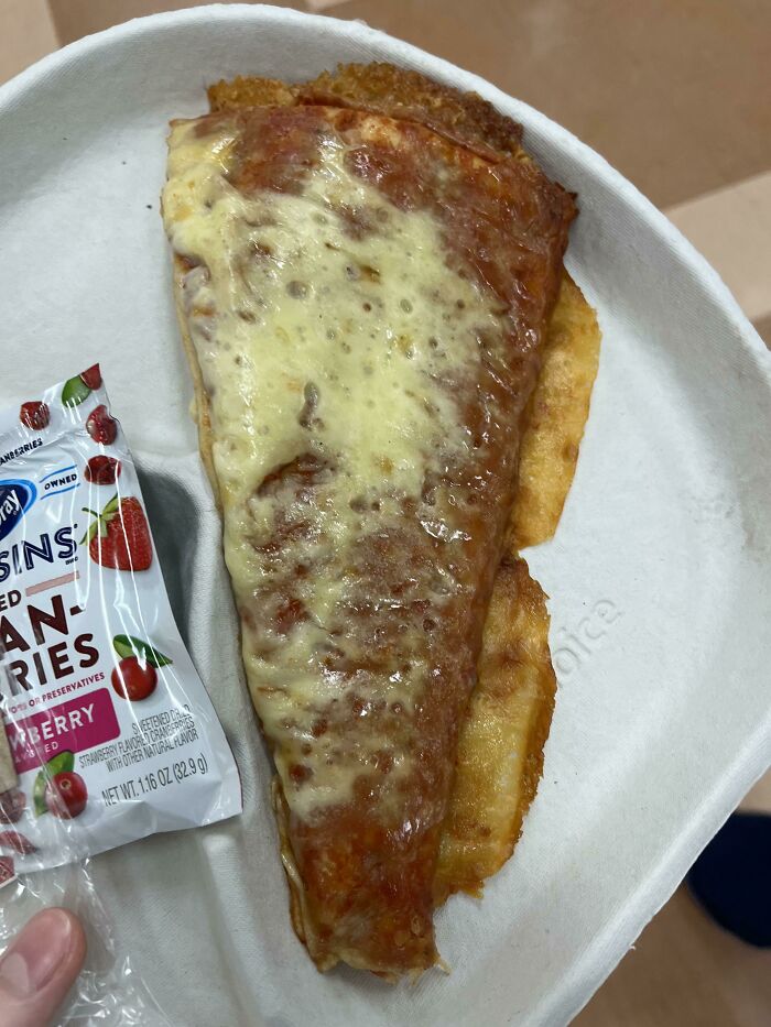 School lunch showing a slice of cheese pizza and a pack of dried cranberries on a paper plate.