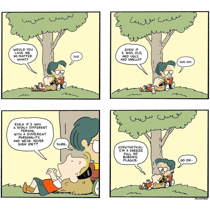 Comic illustration of a humorous couple discussing love in twisted situations under a tree.