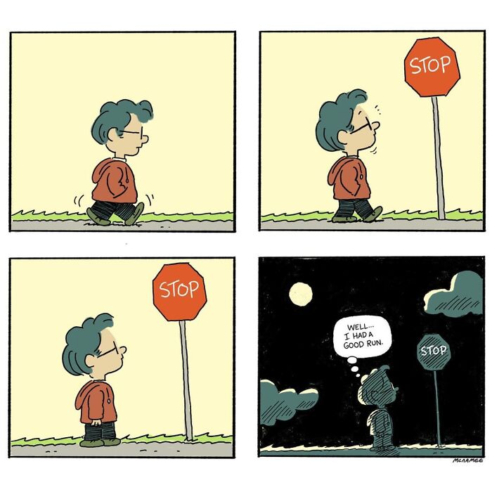 Man humorously illustrated confronting a stop sign, then reflecting under the moon, in a funny comic strip.