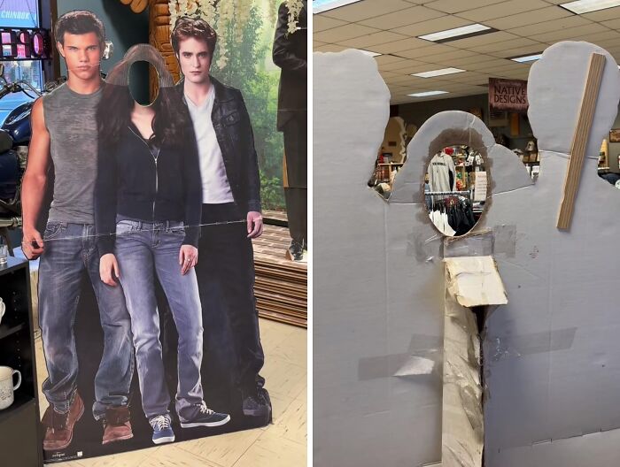 Cardboard cutouts of movie characters showing signs of wear and tear over time.
