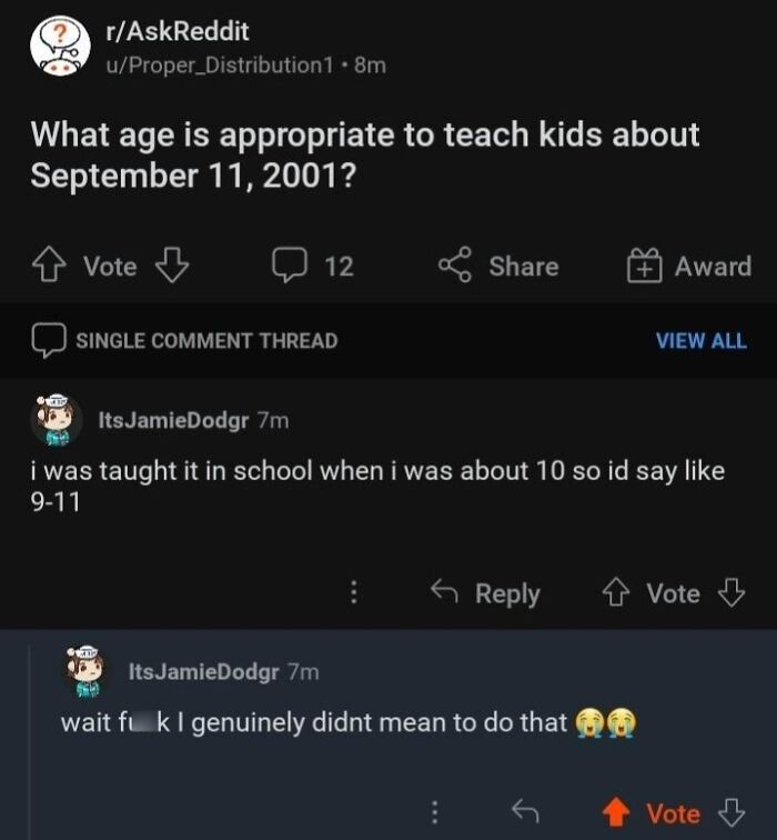 Screenshot of a Reddit thread where a user unintentionally makes a 9-11 joke, realizing their mistake afterward.