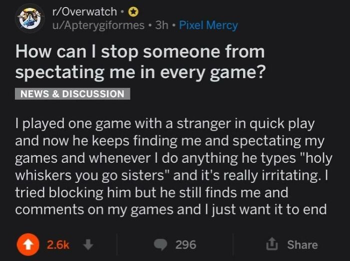 Reddit user frustrated by unwanted game spectator, seeking advice on blocking persistent online follower.