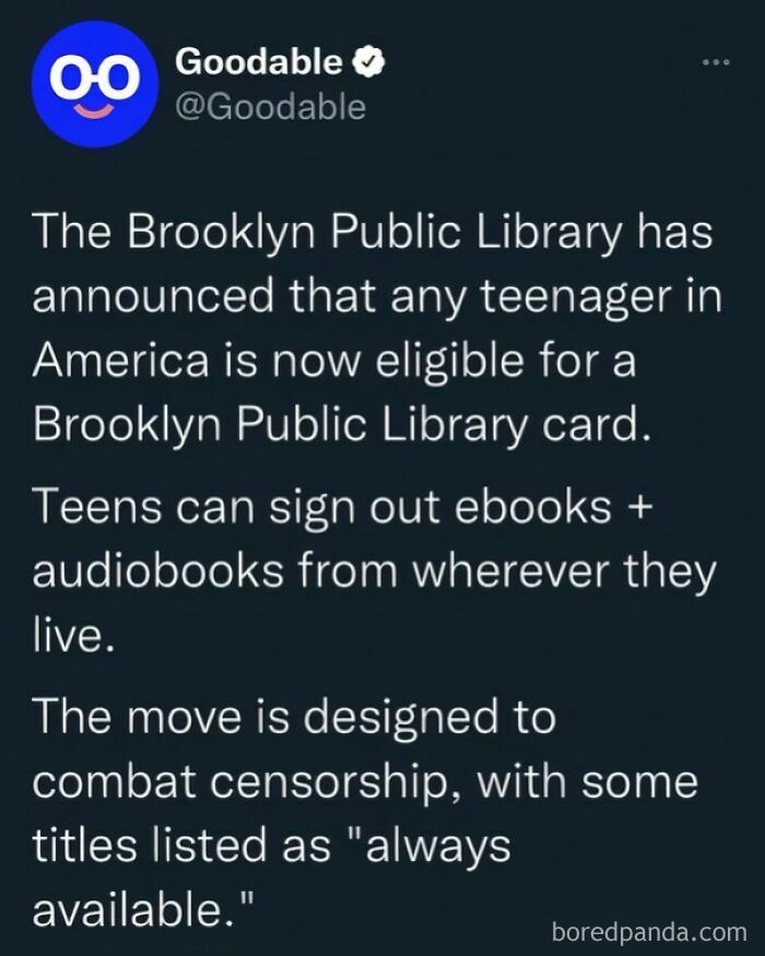 Tweet from Goodable about Brooklyn Public Library offering cards to teens nationwide for ebook access, combating censorship.