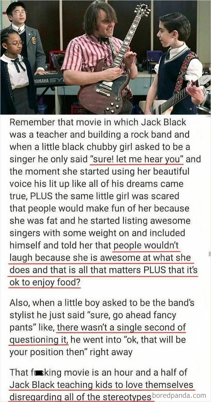 Jack Black inspiring kids in a classroom, fostering self-love and breaking stereotypes, showcasing online support.