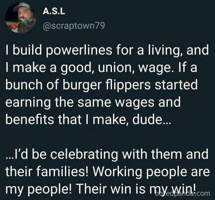 Man expressing support for wage equality online, celebrating workers' victories.