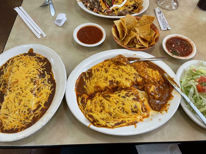 Messy enchiladas overshadow the meal, creating a culinary disaster.