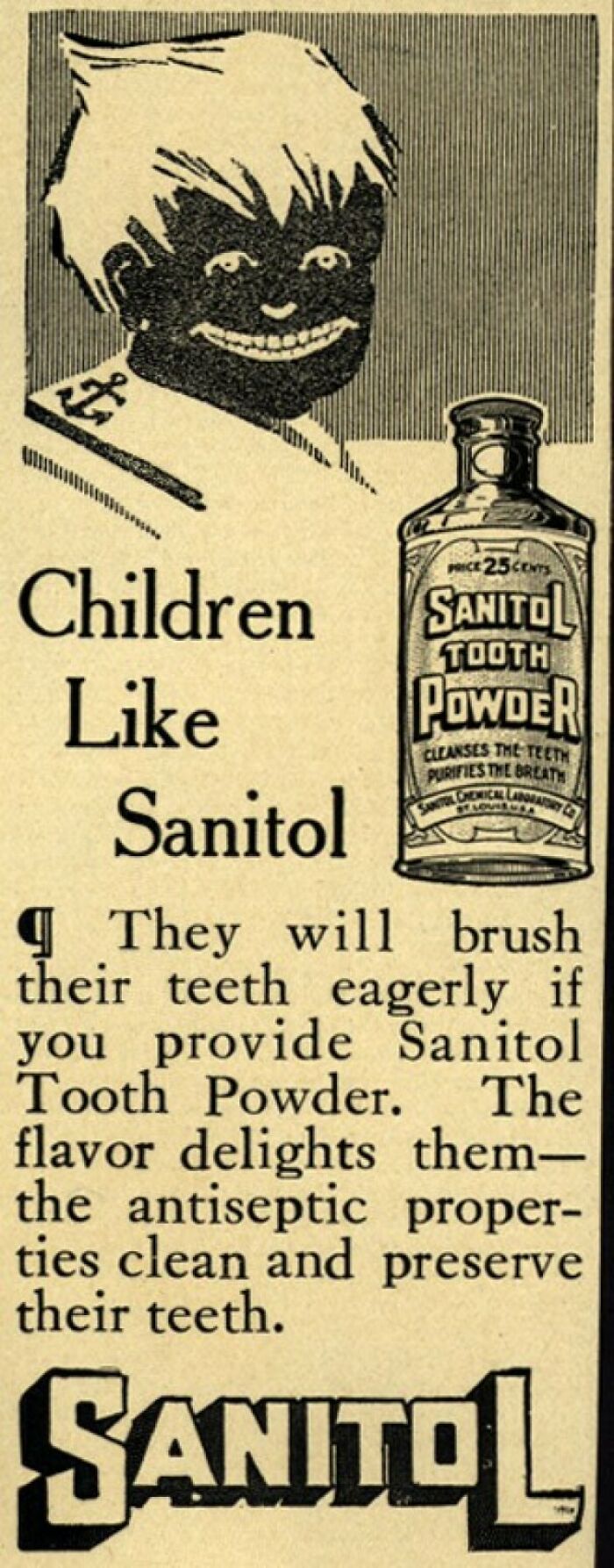 Vintage Sanitol Tooth Powder ad featuring unsettling imagery with a smiling child illustration.