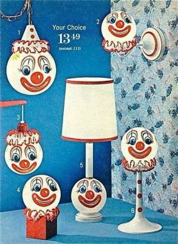 Vintage clown-themed novelty lamps and wall fixtures against blue floral wallpaper.