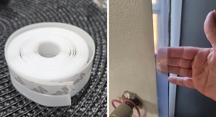 Roll of adhesive strip and hand applying it on a door gap, illustrating practical life skills.