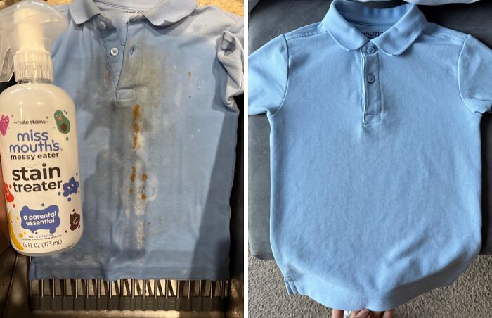 Stain remover life skill: Before and after of a stained blue shirt cleaned with stain treater spray.