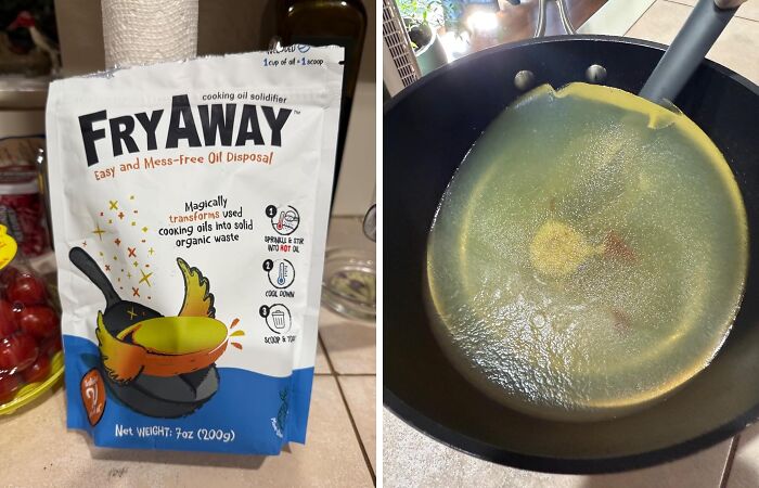 FryAway cooking oil solidifier pack and solidified oil in a pan, highlighting easy life skills.