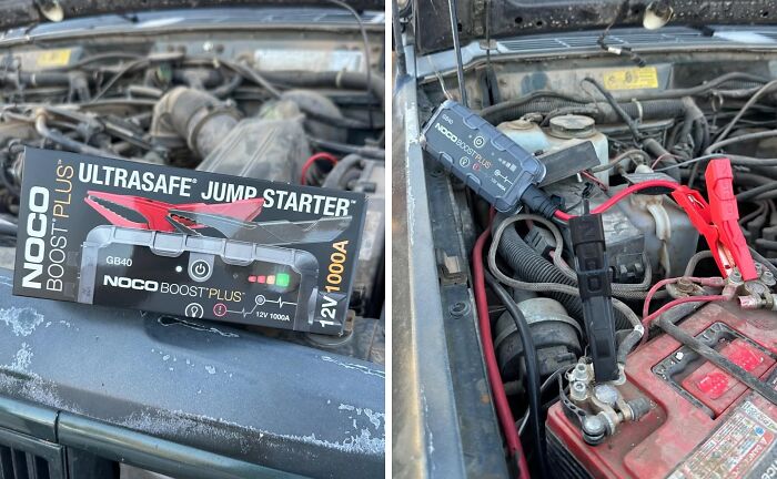 NOCO Boost Plus jump starter connected to car battery, illustrating essential life skills for vehicle maintenance.
