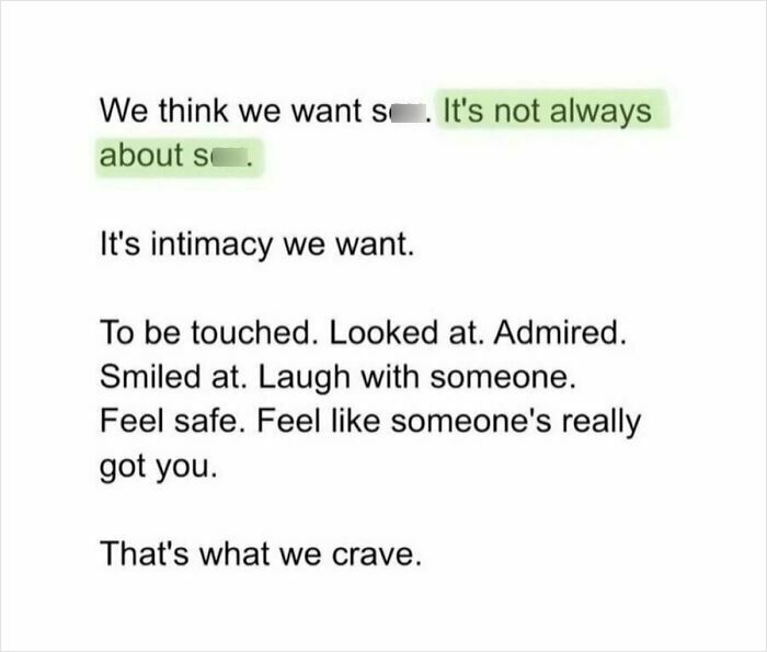Text focusing on the sweetness of intimacy over physical desires, highlighting human need for connection and care.