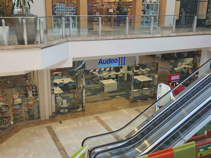 Modern American school inside a mall setting with escalators, glass walls, and seating areas visible.