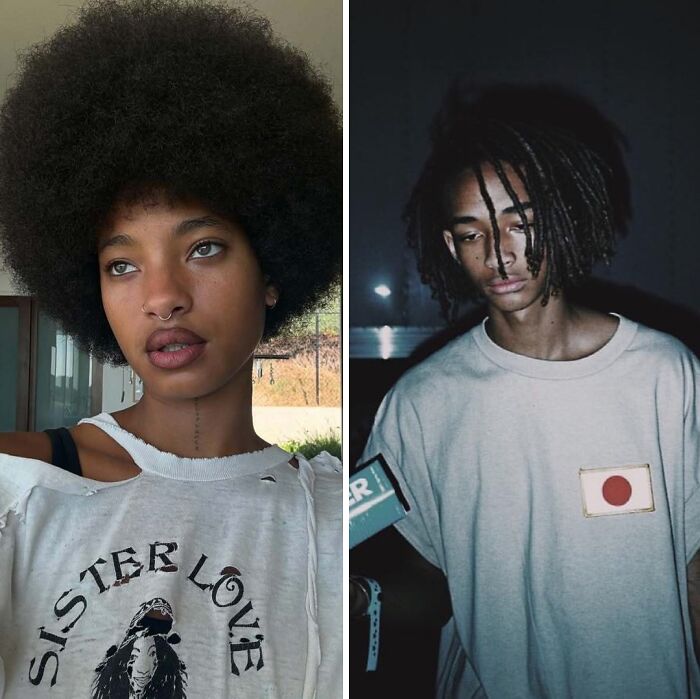 Two not-self-made celebs, one with an afro hairstyle wearing a "Sister Love" shirt, the other with dreadlocks and a graphic tee.