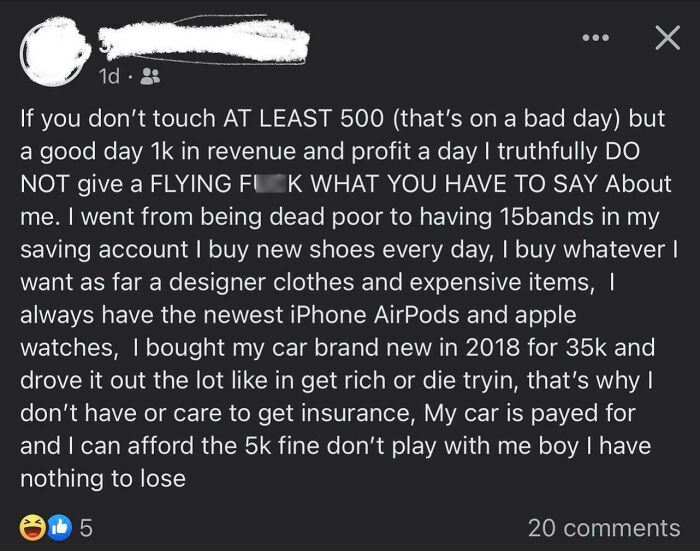 Social media post showcasing why the wrong people have money, highlighting an extravagant lifestyle and reckless spending.