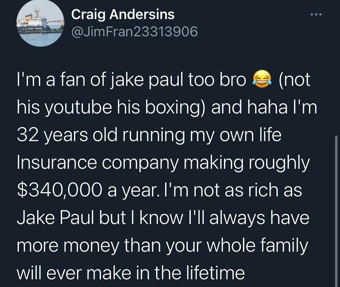 Tweet bragging about running a life insurance company and earning $340,000 a year, mentioning Jake Paul.