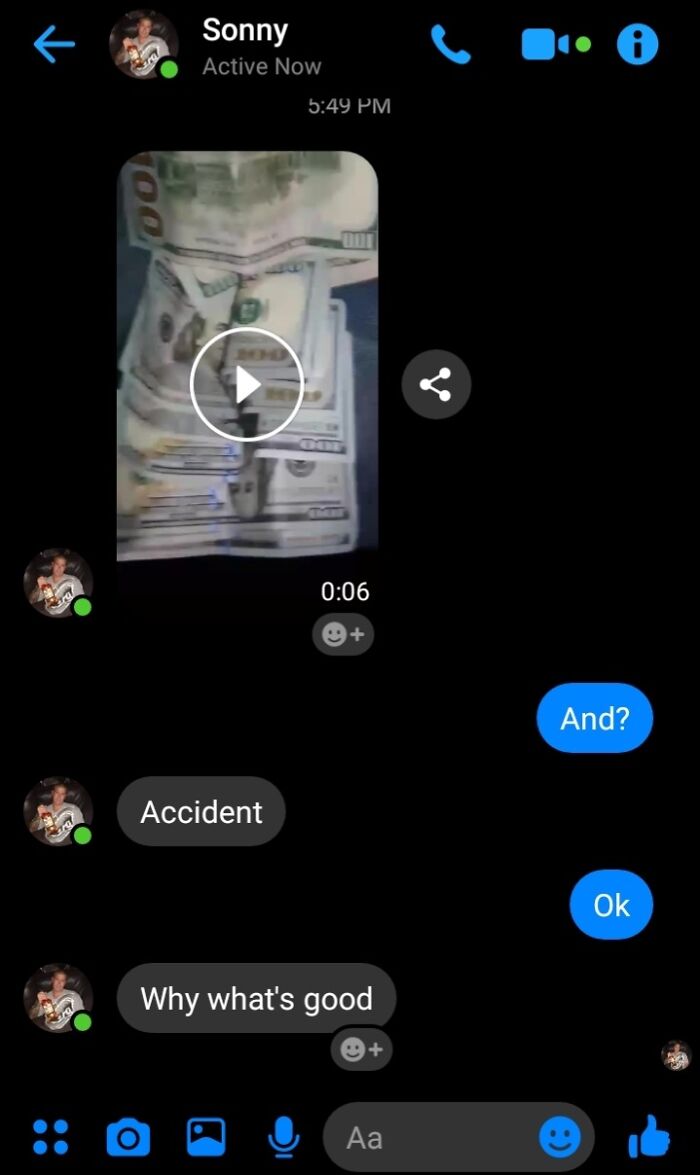 Chat screenshot with video of money, highlighting a conversation where rich people are accidentally flaunting wealth.