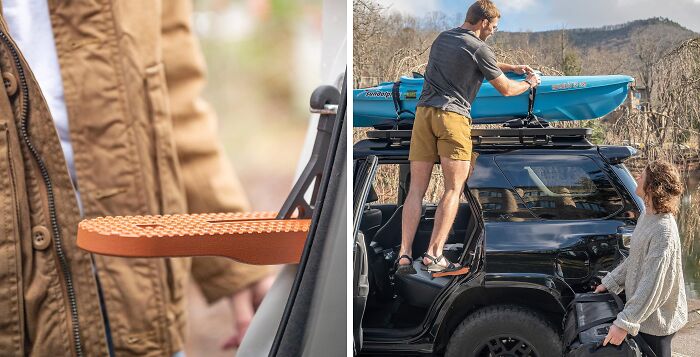 Man uses an extraordinary car door step to load a kayak onto the roof of a black SUV.