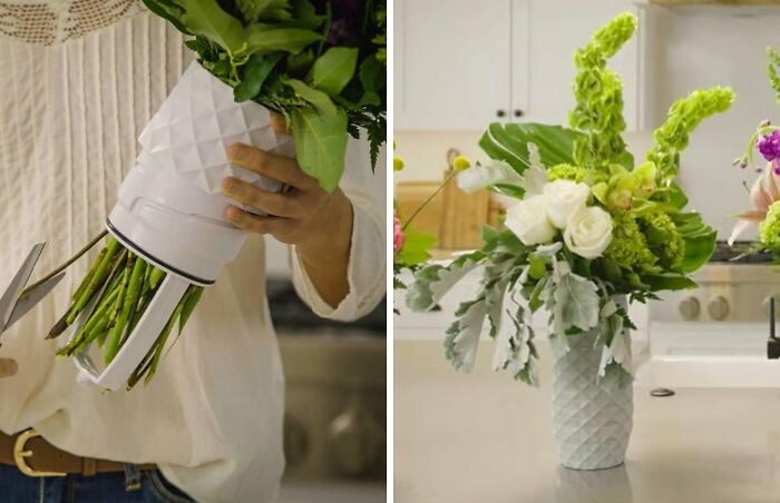 Person arranging flowers in an extraordinary vase, showcasing hidden features, with a beautiful bouquet on a kitchen counter.