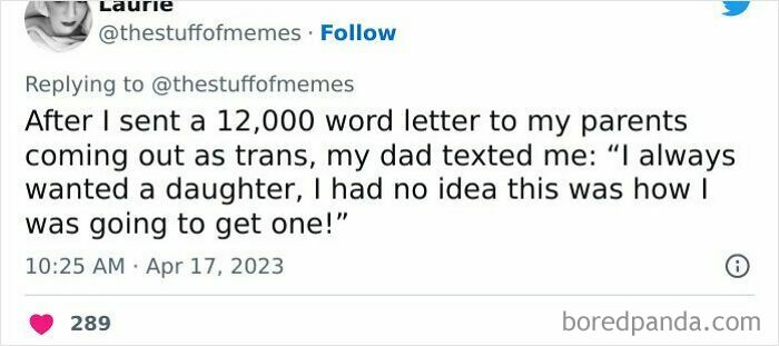 Tweet with a heartfelt message showing support for a person coming out as trans, illustrating online wholesomeness.