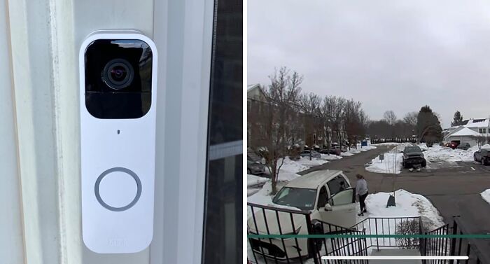 Smart doorbell capturing a snowy suburban street view with a contractor's van parked nearby.