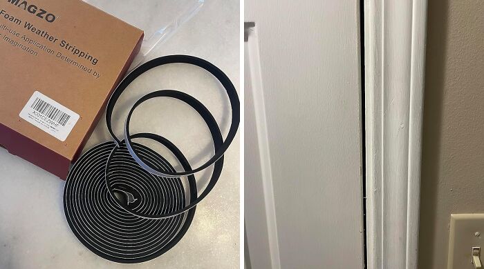 Foam weather stripping kit and poorly sealed door gap, highlighting contractor oversight.