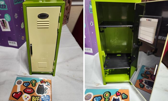Yobro mini locker with stickers, featuring a green exterior, open to reveal storage shelves and a mirror inside.