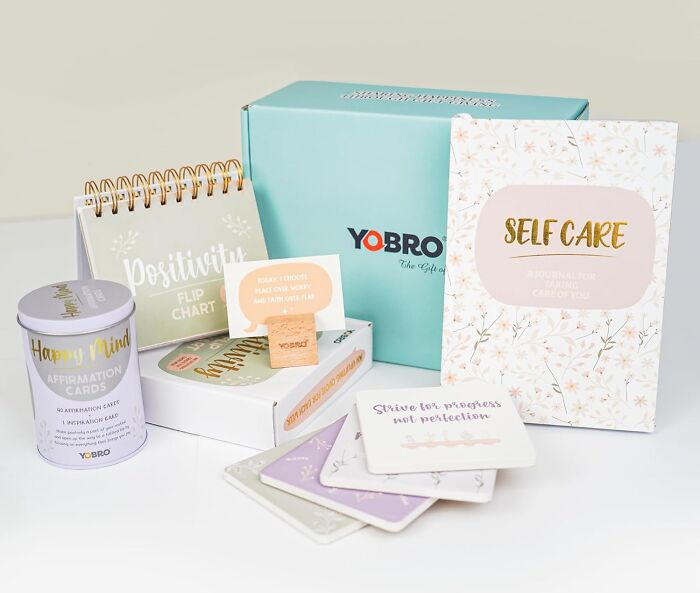 Yobro self-care and positivity kit featuring affirmation cards and journal.