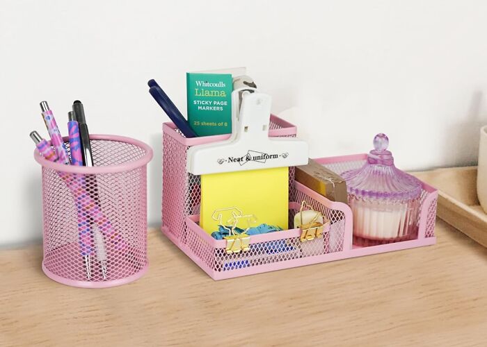 Pink desk organizer with pens, sticky notes, and clips, showcasing innovative Yobro finds.
