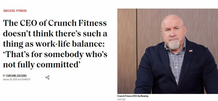 CEO of Crunch Fitness discusses work-life balance skepticism, wearing a suit, seated against a wood panel background.