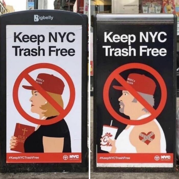Carteles en una basura de Nueva York, criticando posturas escandalosas con imágenes simbólicas y mensajes claros.