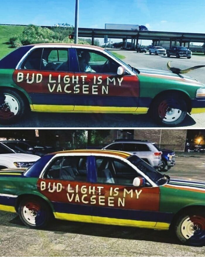 Coche pintado con mensaje polémico sobre Bud Light.