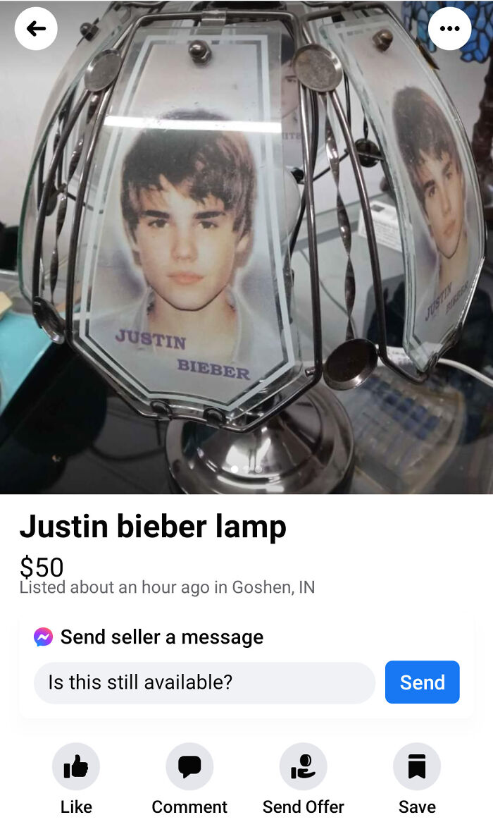 Justin Bieber-themed lamp for sale on Facebook Marketplace, priced at $50.