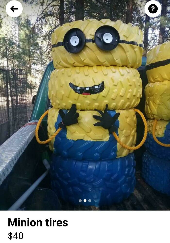 Minion-themed stack of painted tires for sale on Facebook Marketplace.