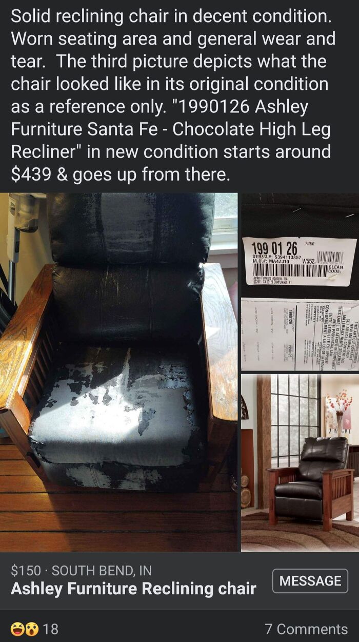 Worn Ashley Furniture reclining chair for sale on Facebook Marketplace, showing signs of wear and tear.