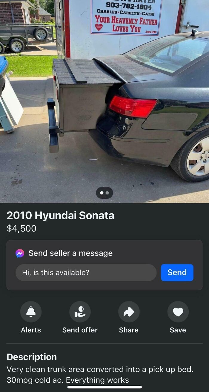 Customized Hyundai Sonata with modified trunk listed on Facebook Marketplace, blending car and pickup features.