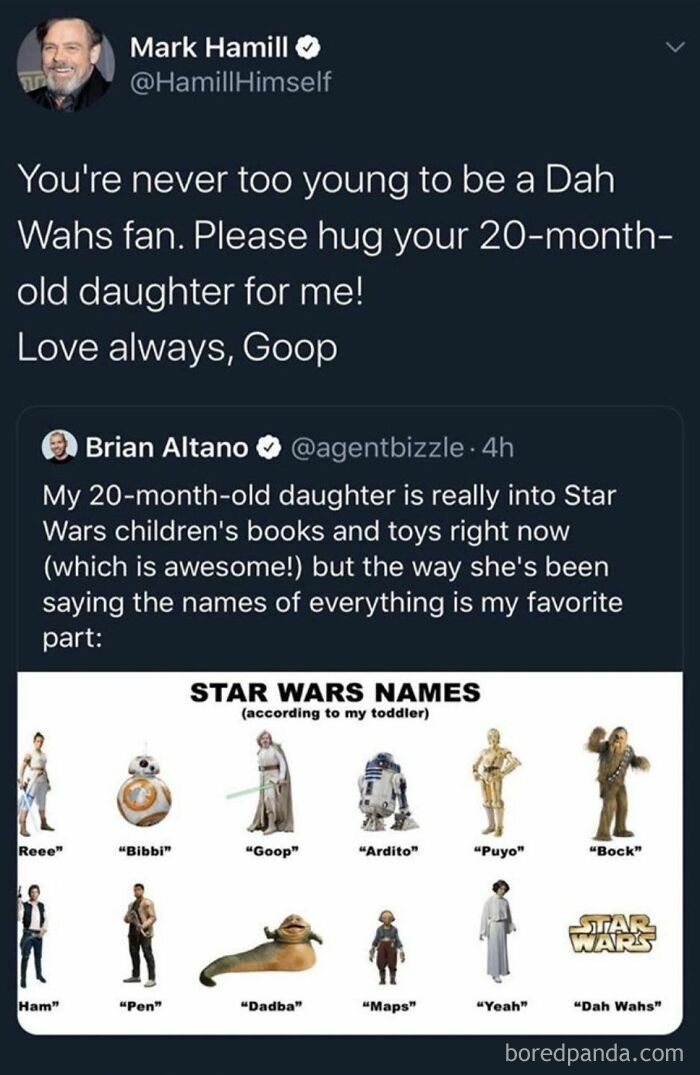 Wholesome online moment where toddler invents cute Star Wars names, with a supportive response from a celebrity.